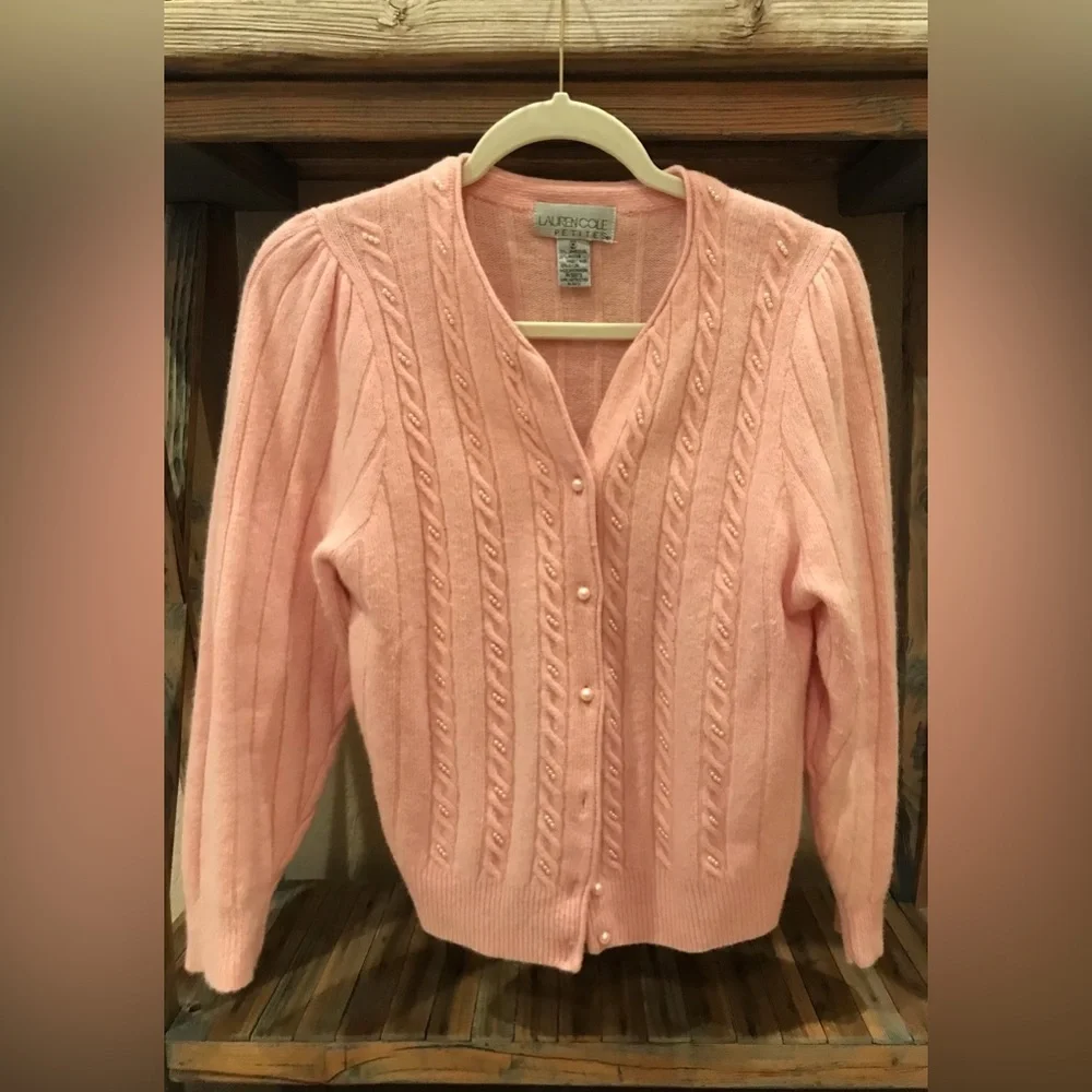 LAUREN COLE 70% Lambswool Angora Pearl Embellished Baby Pink Knit Cardigan - MP - Picture 3 of 10